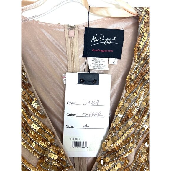 Mac Duggal Gold Copper Evening Gown V-Neck Sequins Long Sleeve Wedding Formal - Picture 2 of 15